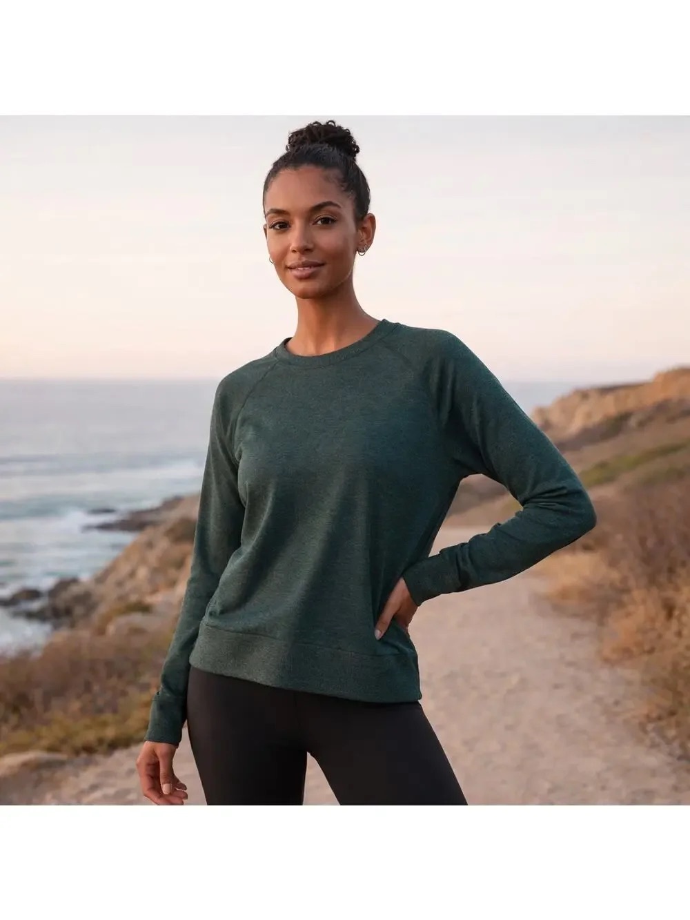 Quince Women’s Flowknit Pullover Crew Heather Green Long Sleeve. XS